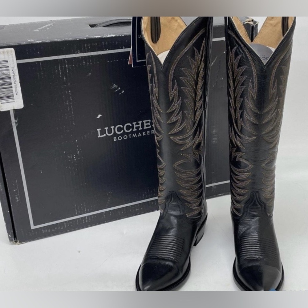 Lucchese Black Leather Cowboy Boots with Tan and purple Embroidery
